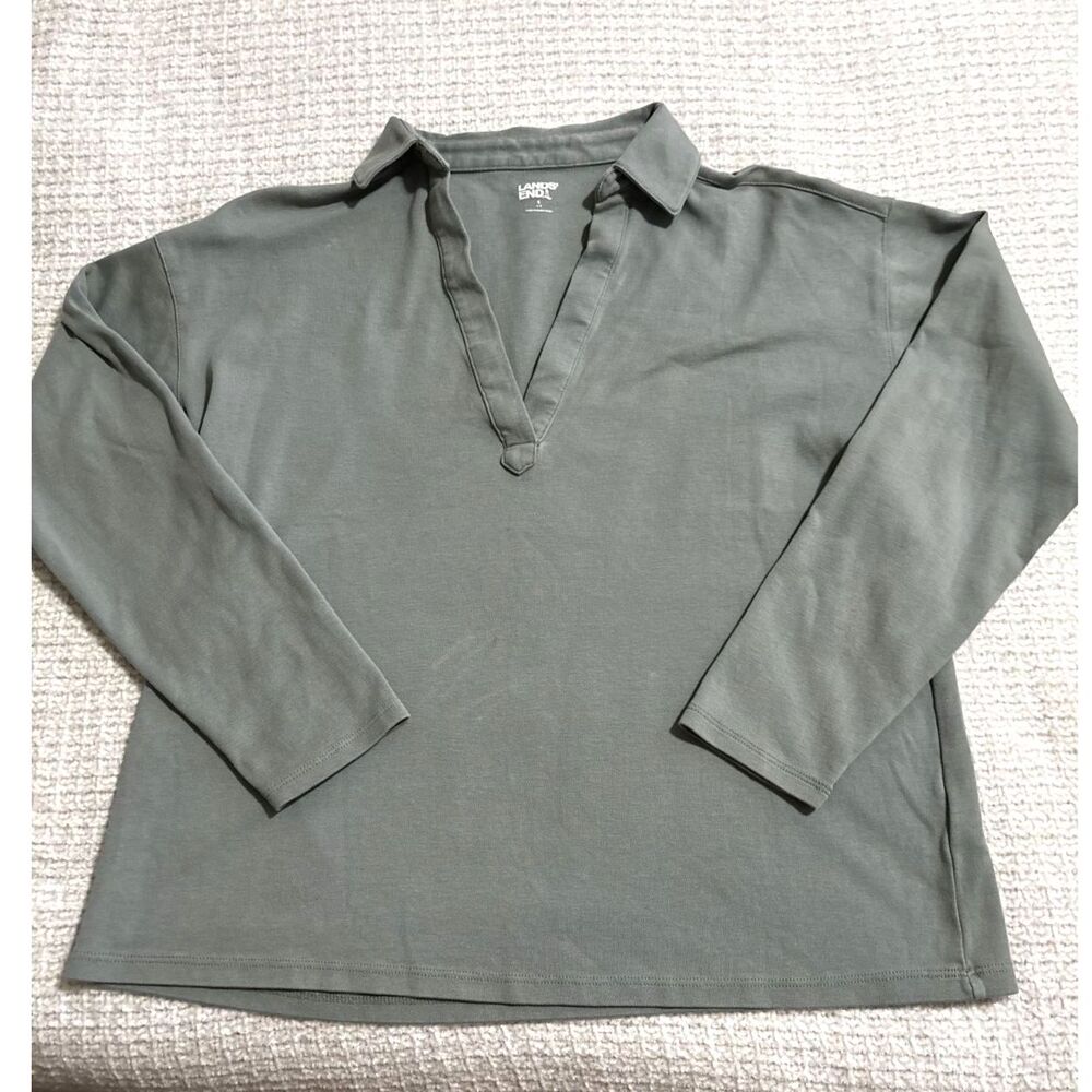 Lands’ End Cotton Tunic Top Small Sage Green Split Neck Long Sleeve Casual Boho